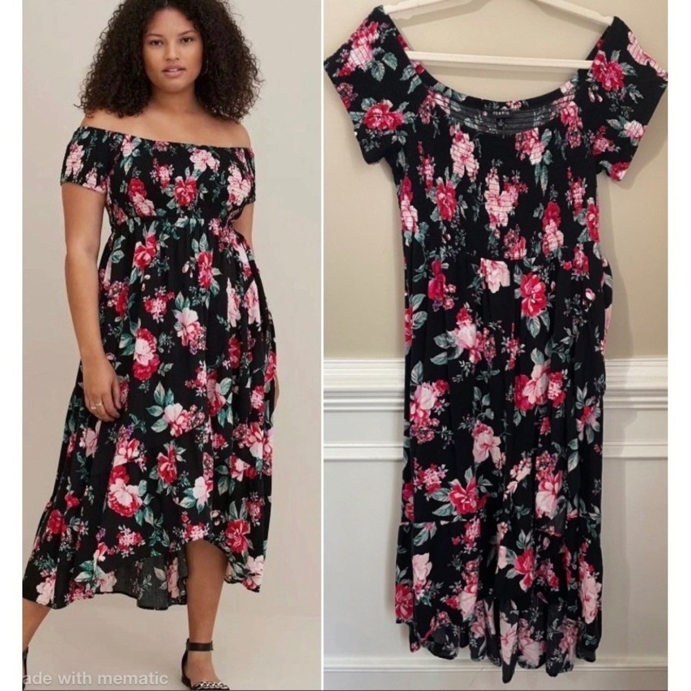 Torrid Size 2X Black Pink Floral Smocked Off Shoulder Challis Midi Ruffle Dress
